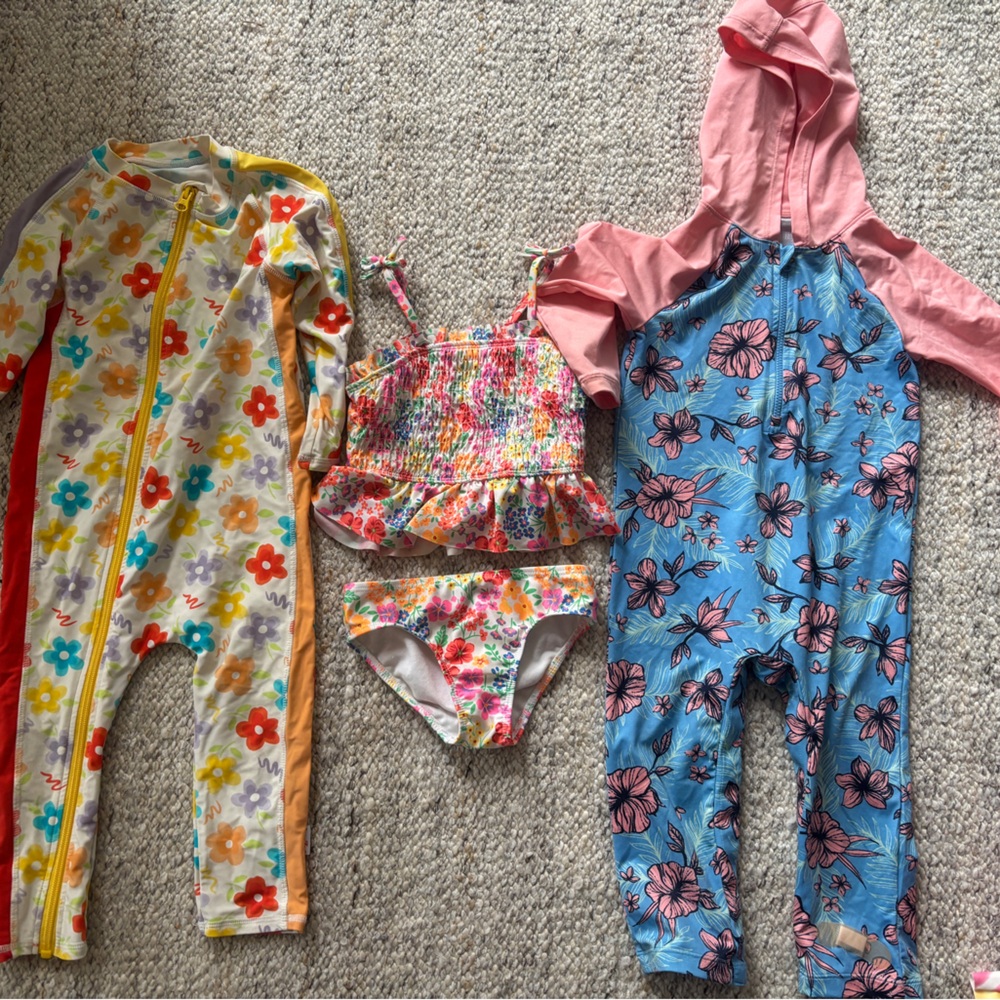 Coolibar Kids Floral Rashguard Swim Set - Pink, Blue, Yellow, Orange, Red